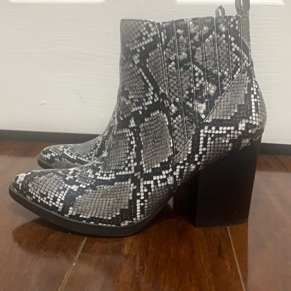 Snake print faux leather booties